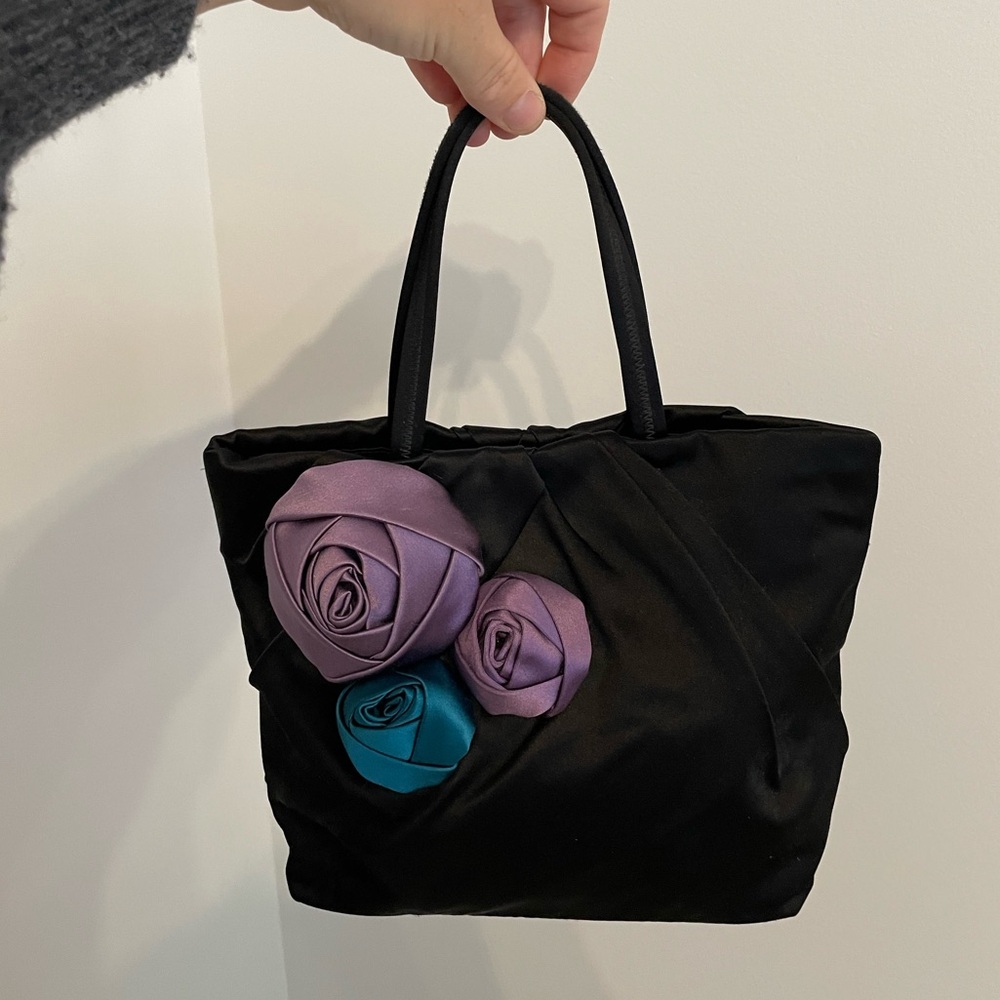 Prada Black Satin Rosebud Evening Bag